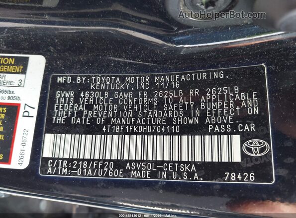 4T1BF1FK0HU704110 2017 TOYOTA CAMRY Черный Вид подкапотного пространства
