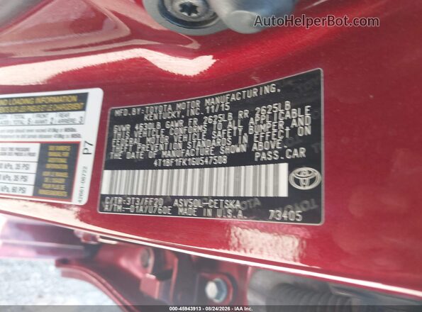 4T1BF1FK1GU547508 2016 TOYOTA CAMRY Red ძრავის განყოფილების ხედი