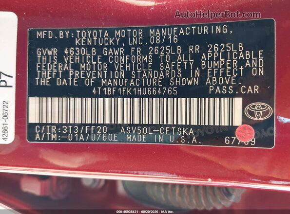 4T1BF1FK1HU664765 2017 TOYOTA CAMRY Red Vista del compartimento del motor