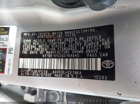 4T1BF1FK2GU164645 2016 TOYOTA CAMRY Silver ძრავის განყოფილების ხედი