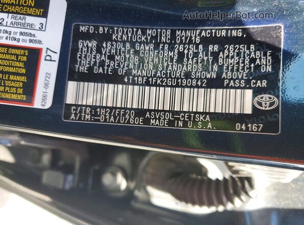 4T1BF1FK2GU190842 2016 TOYOTA CAMRY Blue Вид наклейки з VIN-кодом