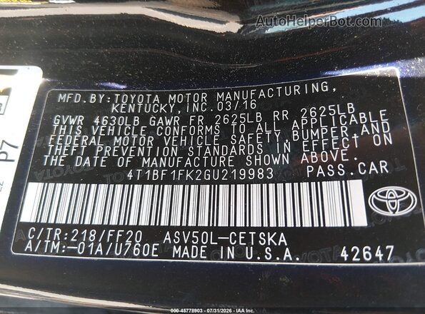 4T1BF1FK2GU219983 2016 TOYOTA CAMRY Black Вид підкапотного простору