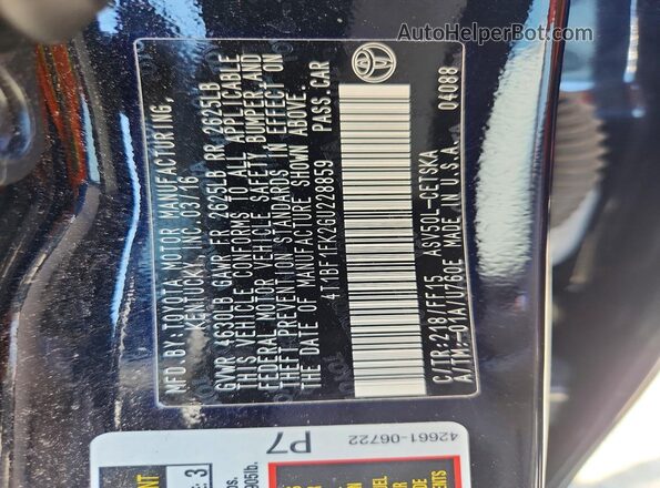4T1BF1FK2GU228859 2016 TOYOTA CAMRY Черный Вид наклейки с VIN-кодом