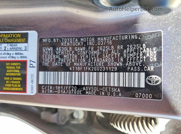 4T1BF1FK2GU231129 2016 TOYOTA CAMRY Gray Vista del compartimento del motor
