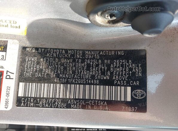 4T1BF1FK2GU514498 2016 TOYOTA CAMRY Silver Вид підкапотного простору