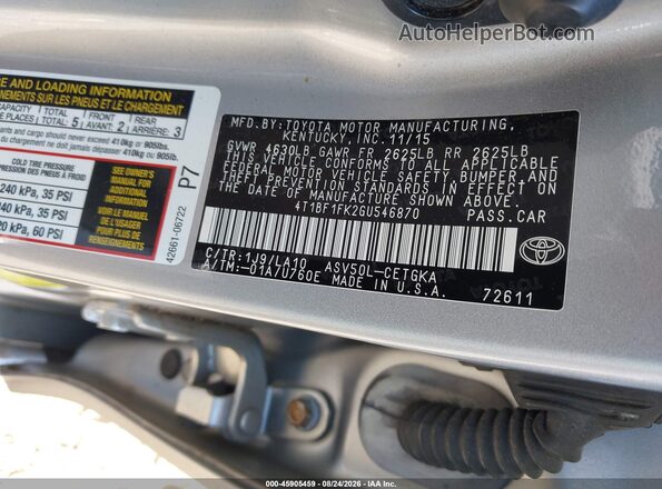 4T1BF1FK2GU546870 2016 TOYOTA CAMRY Silver Вид підкапотного простору