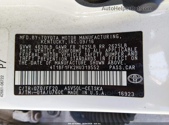 4T1BF1FK2HU319552 2017 TOYOTA CAMRY White ძრავის განყოფილების ხედი