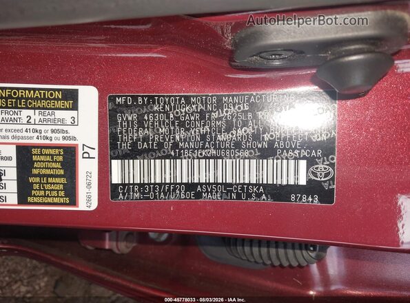 4T1BF1FK2HU680568 2017 TOYOTA CAMRY Red Вид підкапотного простору