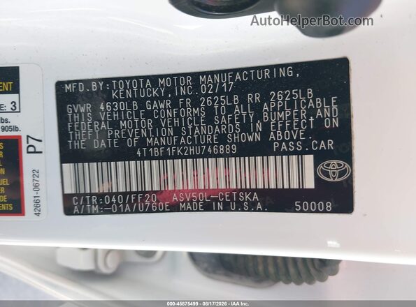 4T1BF1FK2HU746889 2017 TOYOTA CAMRY White Շարժիչի բաժամունքի տեսք