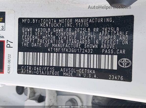4T1BF1FK3GU172432 2016 TOYOTA CAMRY White Вид підкапотного простору