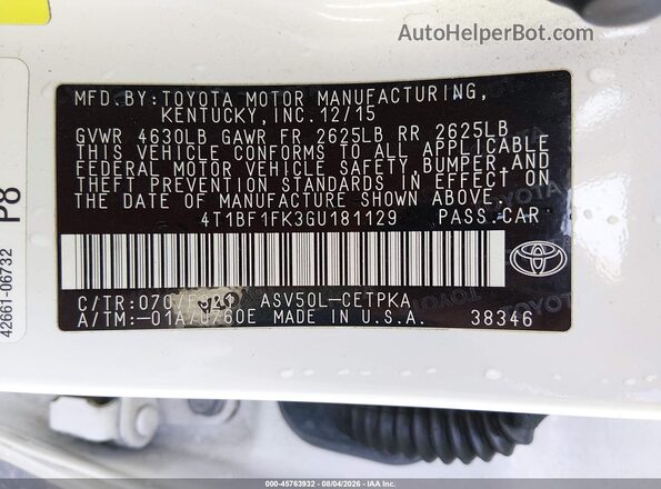 4T1BF1FK3GU181129 2016 TOYOTA CAMRY White Widok komory silnika