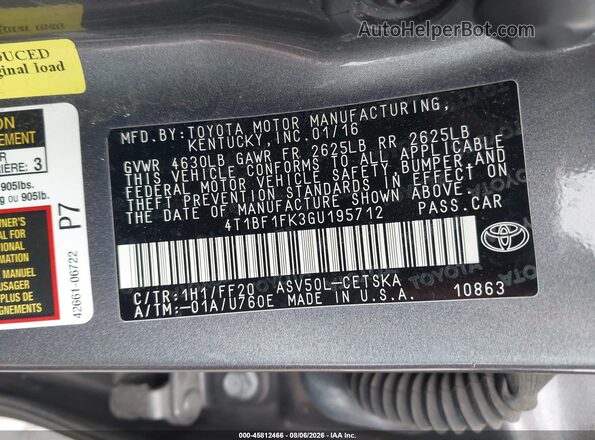 4T1BF1FK3GU195712 2016 TOYOTA CAMRY Gray ძრავის განყოფილების ხედი
