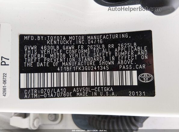 4T1BF1FK3GU241345 2016 TOYOTA CAMRY White Vista del compartimento del motor