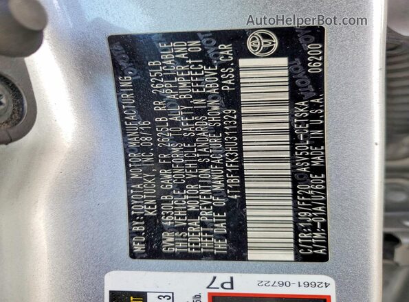 4T1BF1FK3HU311329 2017 TOYOTA CAMRY Silver Widok naklejki z numerem VIN