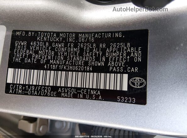 4T1BF1FK3HU620184 2017 TOYOTA CAMRY Серебряный Вид подкапотного пространства