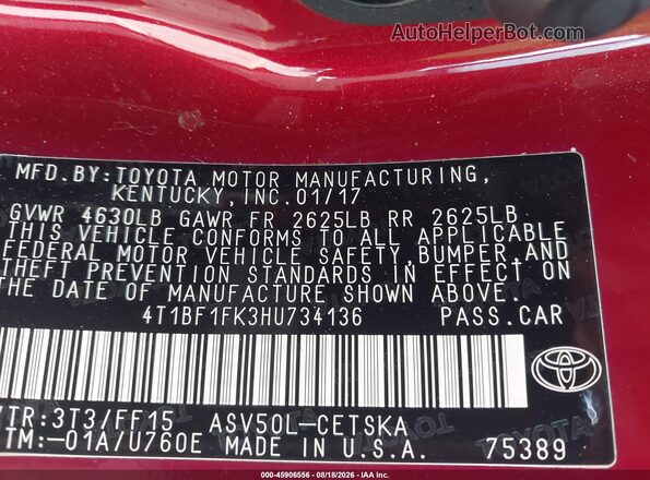 4T1BF1FK3HU734136 2017 TOYOTA CAMRY Red Շարժիչի բաժամունքի տեսք