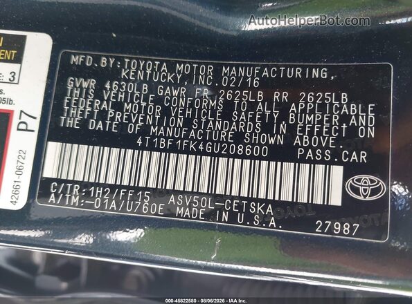 4T1BF1FK4GU208600 2016 TOYOTA CAMRY Gray Widok komory silnika