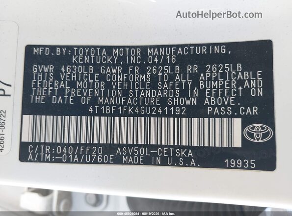 4T1BF1FK4GU241192 2016 TOYOTA CAMRY Белый Вид подкапотного пространства