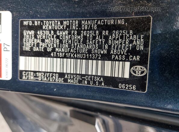 4T1BF1FK4HU311372 2017 TOYOTA CAMRY Blue Շարժիչի բաժամունքի տեսք