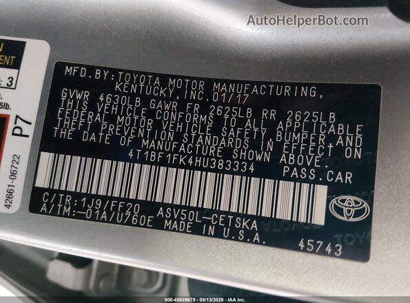 4T1BF1FK4HU383334 2017 TOYOTA CAMRY Silver ძრავის განყოფილების ხედი