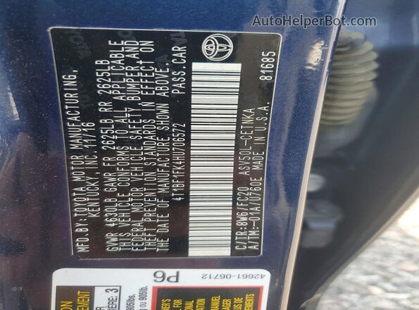 4T1BF1FK4HU706572 2017 TOYOTA CAMRY Blue Vista de la etiqueta del VIN