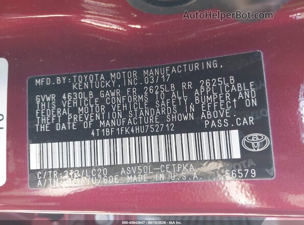 4T1BF1FK4HU752712 2017 TOYOTA CAMRY Red ძრავის განყოფილების ხედი