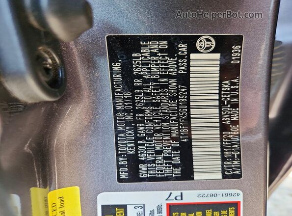 4T1BF1FK5GU189247 2016 TOYOTA CAMRY Серый Вид наклейки с VIN-кодом