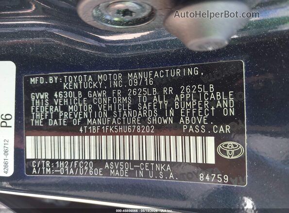 4T1BF1FK5HU678202 2017 TOYOTA CAMRY Black Widok komory silnika