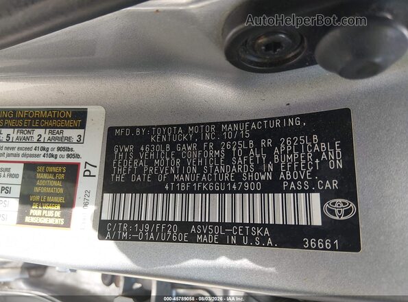 4T1BF1FK6GU147900 2016 TOYOTA CAMRY Silver Вид підкапотного простору