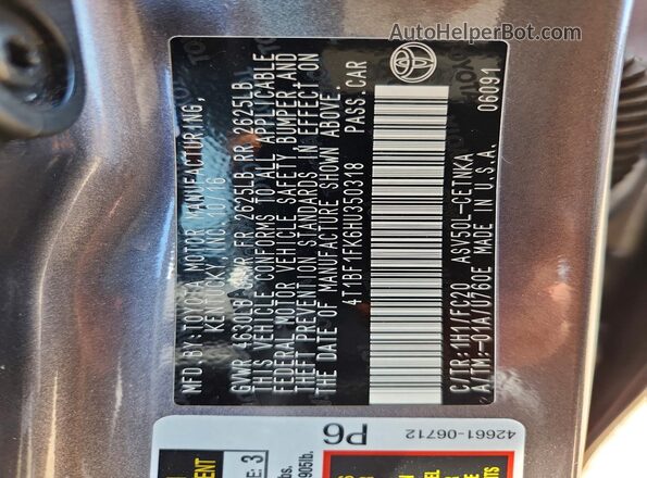 4T1BF1FK6HU350318 2017 TOYOTA CAMRY Gray Vista de la etiqueta del VIN
