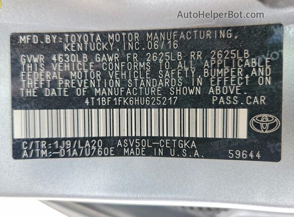 4T1BF1FK6HU625217 2017 TOYOTA CAMRY Silver Շարժիչի բաժամունքի տեսք