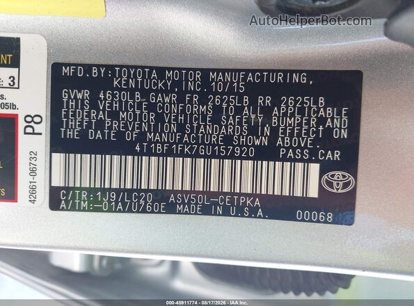 4T1BF1FK7GU157920 2016 TOYOTA CAMRY Серебряный Вид подкапотного пространства