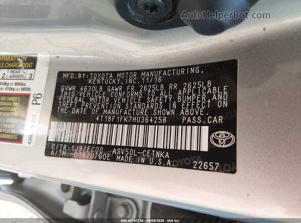 4T1BF1FK7HU364258 2017 TOYOTA CAMRY Gray Շարժիչի բաժամունքի տեսք