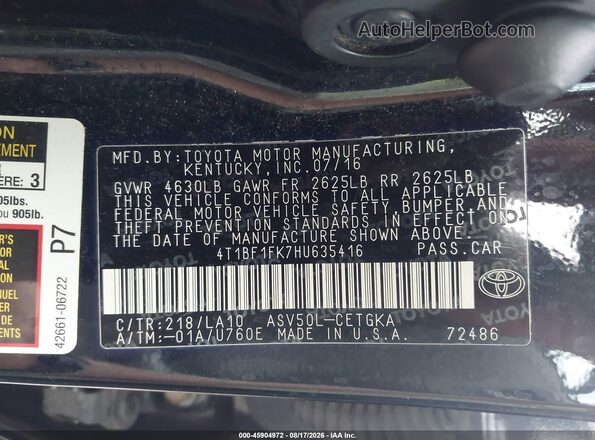 4T1BF1FK7HU635416 2017 TOYOTA CAMRY Black Շարժիչի բաժամունքի տեսք