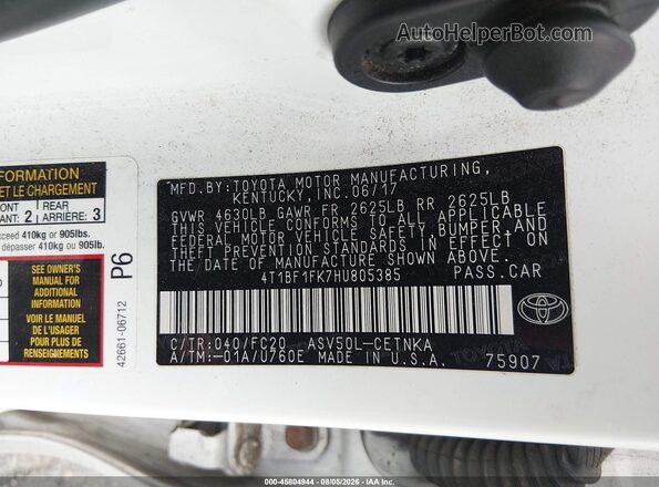 4T1BF1FK7HU805385 2017 TOYOTA CAMRY Белый Вид подкапотного пространства