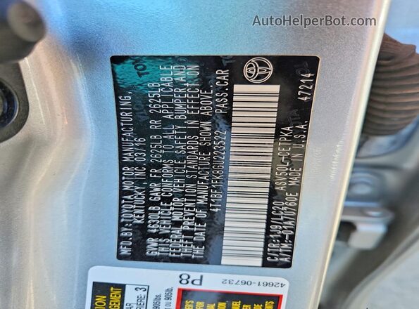 4T1BF1FK8GU223522 2016 TOYOTA CAMRY Silver Widok naklejki z numerem VIN