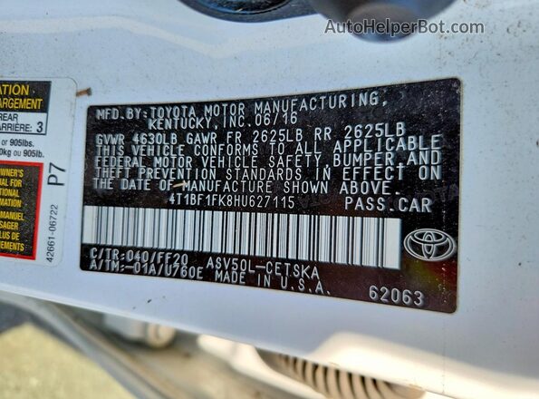 4T1BF1FK8HU627115 2017 TOYOTA CAMRY White Вид підкапотного простору