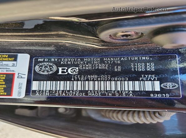 4T1BF1FK8HU708003 2017 TOYOTA CAMRY Black VIN sticker view