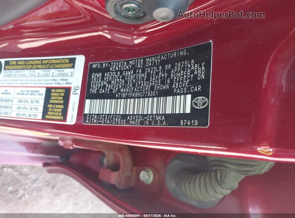 4T1BF1FK8HU779301 2017 TOYOTA CAMRY Maroon Շարժիչի բաժամունքի տեսք