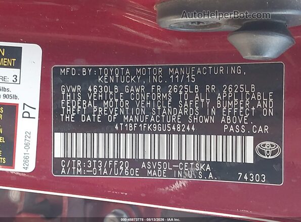 4T1BF1FK9GU548244 2016 TOYOTA CAMRY Red Вид підкапотного простору