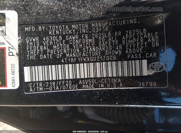 4T1BF1FKXGU217009 2016 TOYOTA CAMRY Black Widok naklejki z numerem VIN