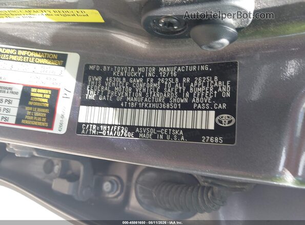 4T1BF1FKXHU368501 2017 TOYOTA CAMRY Серый Вид подкапотного пространства
