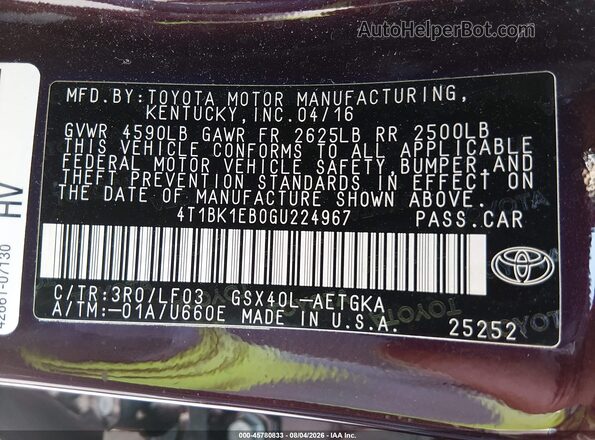 4T1BK1EB0GU224967 2016 TOYOTA AVALON Burgundy ძრავის განყოფილების ხედი