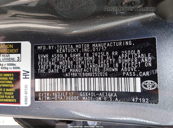 4T1BK1EB0HU252026 2017 TOYOTA AVALON Серый Вид подкапотного пространства