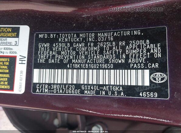 4T1BK1EB1GU219650 2016 TOYOTA AVALON Темно-бордовый Вид подкапотного пространства