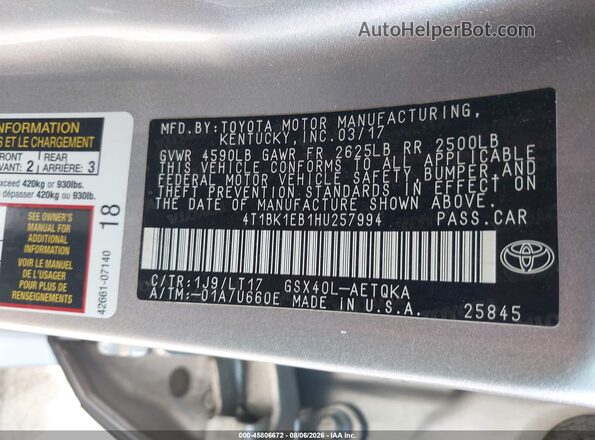 4T1BK1EB1HU257994 2017 TOYOTA AVALON Silver Շարժիչի բաժամունքի տեսք