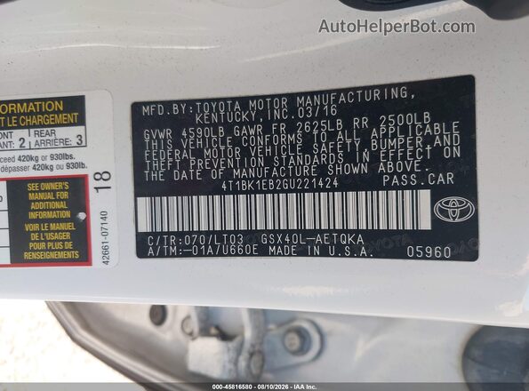 4T1BK1EB2GU221424 2016 TOYOTA AVALON White Вид підкапотного простору