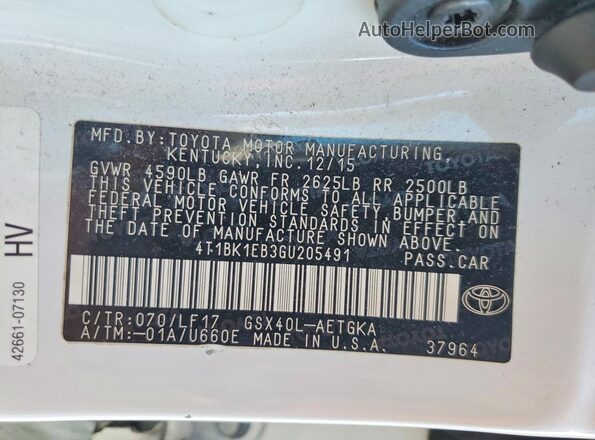 4T1BK1EB3GU205491 2016 TOYOTA AVALON Белый Вид подкапотного пространства
