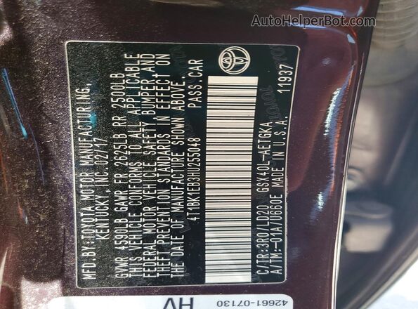 4T1BK1EB3HU255048 2017 TOYOTA AVALON Бордовый Вид подкапотного пространства