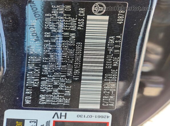 4T1BK1EB3HU260959 2017 TOYOTA AVALON Black VIN կոդի պիտակի տեսք